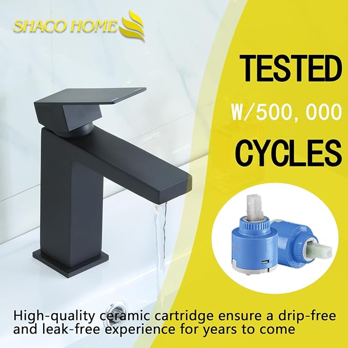 SHACO Black Single Hole Bathroom Faucet, Stainless Steel Single Handle Vanity Sink Faucet with Pop Up Drain and Supply Line, SC-YH1301B-SHBS