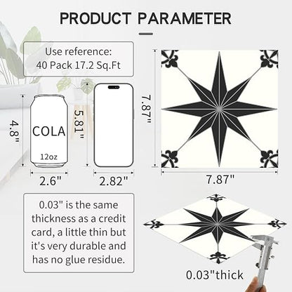 MORCART 40PCS 7.87" x 7.87" Peel and Stick Floor Tile, Black Stellar | Self-Adhesive DIY Vinyl Flooring, Removable and Waterproof Tile Sticker for Bathroom, Kitchen, Wall, Bedroom, Stairs