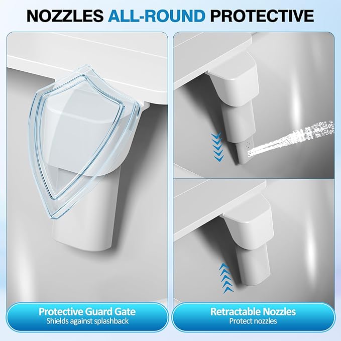 Non-Electric Bidet Dual Mode Bidet Attachment for Toilet, Ultra Slim Rotary Switch Retractable Nozzles for Rear & Feminine Cold Water Wash, Adjustable Water Pressure, Stainless Steel Inlet