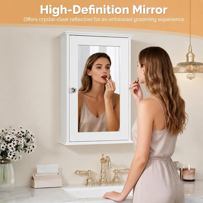 Bonnlo White Mirrored Medicine Cabinet - Wall Mounted Bathroom Storage Organizer with Single Door, 2 Adjustable Shelves & Magnetic Lock, Small Vanity Cabinet for Over the Toilet/Sink