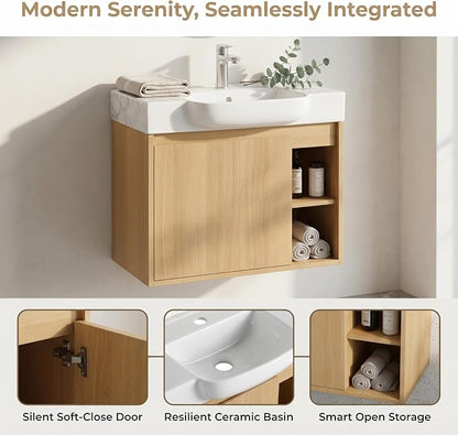 24" Bathroom Vanity with Sink, Wall-Mounted Cabinet, Light Oak | Ceramic Sink, Soft-Close Door & 2 Open Storage Shelves, Modern Farmhouse Sink Cabinet, Easy to Clean for Small Bathroom