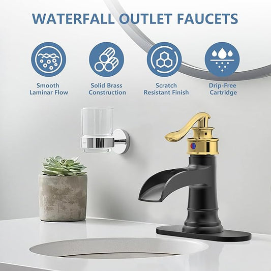 Homevacious Bathroom Faucet Black and Gold Waterfall Bathroom Sink Faucets with Single Handle Rustic Vanity Farmhouse RV Faucet Suitable for 1 or 3 Holes with Pop-up Drain Deck Plate Hose