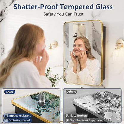 Medicine Cabinet Mirror 20x28 Inch, Gold Bathroom Mirror Cabinet with Stepless Adjustable Shelves, Stainless Steel Frame, Bathroom Mirror with Storage Recessed or Wall Mount