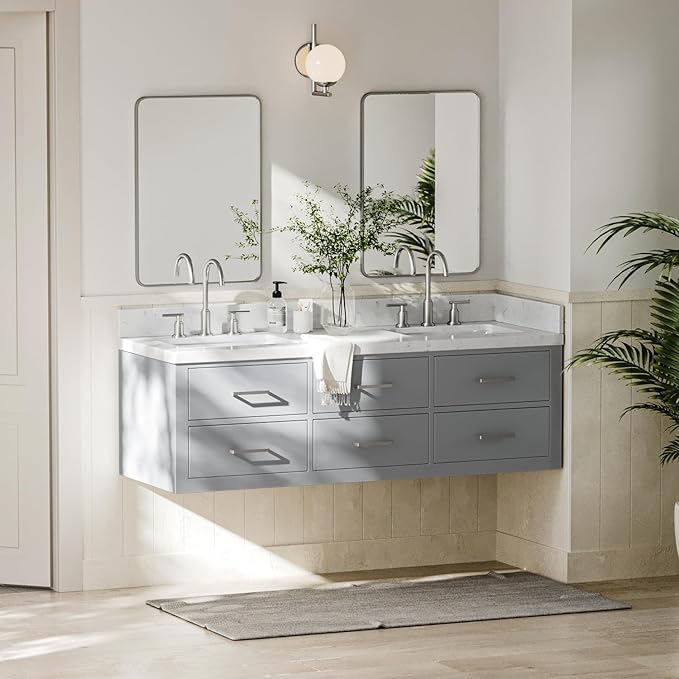 ARIEL Hutton 60-inch Bathroom Vanity with Sink,Solid Wood, 1.5-inch Carrara White Quartz Countertop & Backsplash, Double Rectangular Porcelain Sink, 3 Dovetail Drawers, Grey