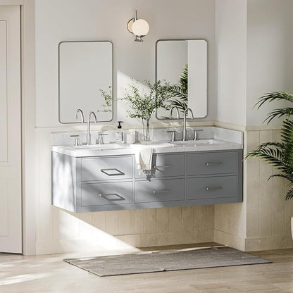 ARIEL Hutton 60-inch Bathroom Vanity with Sink,Solid Wood, 1.5-inch Carrara White Quartz Countertop & Backsplash, Double Rectangular Porcelain Sink, 3 Dovetail Drawers, Grey