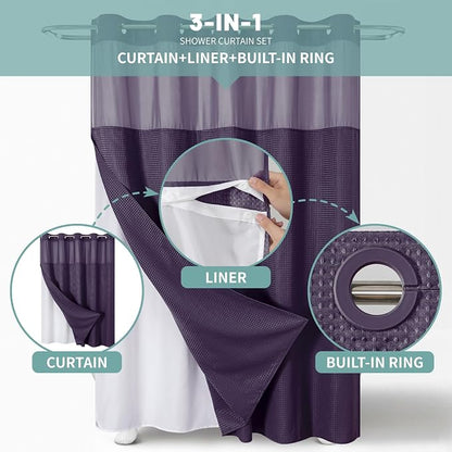 eachope No Hook Waffle Shower Curtain with Snap-in Liner, 71x74 Inch,Purple | 230 GSM waffle weave fabric, waterproof liner set with 2 bottom magnets, mesh top window, washable, for bathroom or hotel use