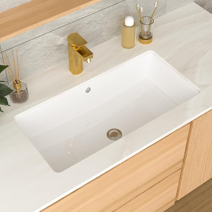 Undermount Bathroom Sink Rectangle 28x14 Inch White Rectangular Porcelain Ceramic Vessel Sink with Overflow Under Counter Lavatory Vanity