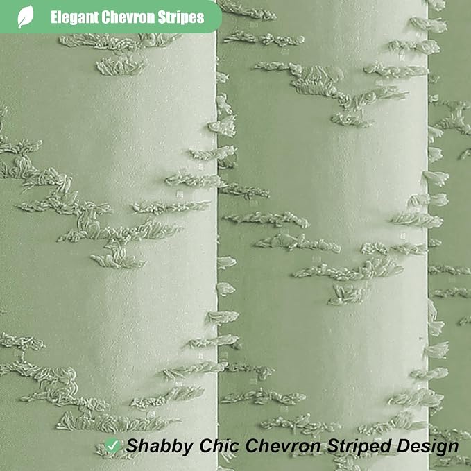 Stall Boho Shower Curtain Tufted Chevron 36"x72" Sage Green | Narrow Half Size, Elegant Tassel, Lightweight Textured Fabric, Water Repellent, Washable, for Small Bathroom/Dorm 6 Hooks