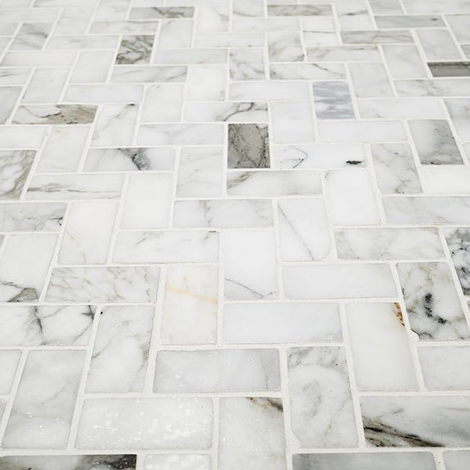 MSI Calacatta Cressa Herringbone Honed Marble Tile for Kitchen Backsplash, Wall Tile for Bathroom, Accent Wall Tile, and Shower Wall Tile, Mesh-Mounted Mosaic Tile, 11.61 x 11.61, White, 10 Piece