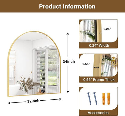 XRAMFY Arched Bathroom Mirror 32" x 34" for Bathroom Vanity Mirror or Wall Decor Gold Arch Mirror Aluminum Alloy Frame Wall Mounted Mirror for Living Room Bedroom Entryway