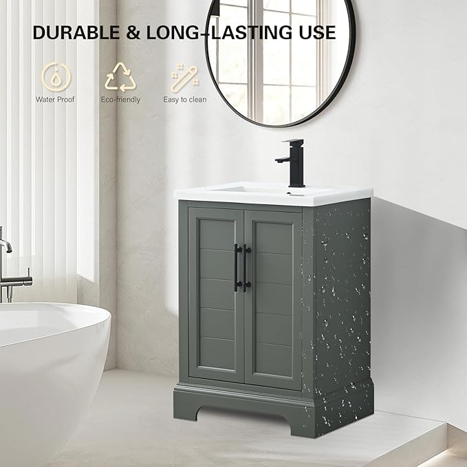 HOMEBEYOND 24 Inch Bathroom Vanity with Single Sink & Ceramic Top, Vanity Cabinet with Center Countertop Basin, Soft-Closing Doors,Vintage Green
