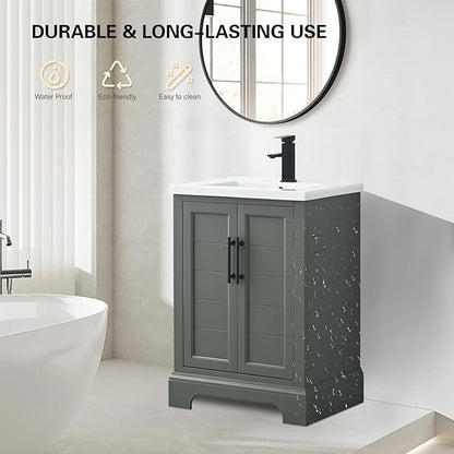 HOMEBEYOND 24 Inch Bathroom Vanity with Single Sink & Ceramic Top, Vanity Cabinet with Center Countertop Basin, Soft-Closing Doors,Vintage Green