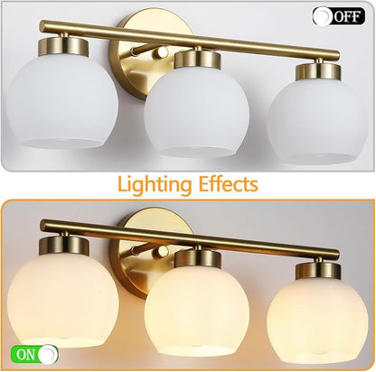 3 Light Bathroom Vanity Light, 20" Brushed Gold Bathroom Light Fixtures Over Mirror with Milky White Glass Globe Shade, Mid Century Modern Brass Wall Sconces, E26 Socket