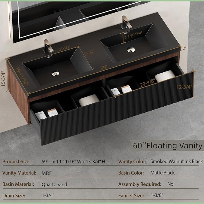 Wall Mounted Bathroom Sink Vanity, Modern 60" Floating Vanity with 2 Resin Top Basins and 2 U-Shaped Soft-Close Storage Drawers, Striped Bathroom Storage Cabinet with Invisible Handle, Black