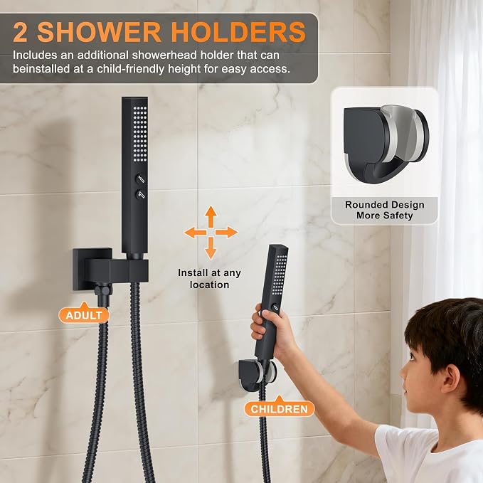 Shower System with Tub Spout, Ceiling Mounted Bathtub Shower Faucet Set, 12" Rainfall Shower Head and Handheld Shower Combo, High Pressure Shower Fixtures Set with Rough-in Valve, Matte Black
