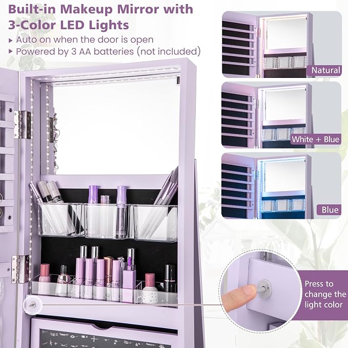 CHARMAID 360° Swivel Jewelry Armoire with Full Length Mirror, Rear Storage Shelves, Lockable Standing Jewelry Cabinet Organizer with Interior Vanity Mirror and 3-Color Lights (Lavender)