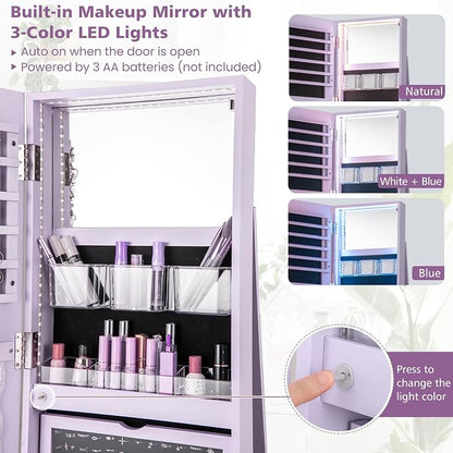 CHARMAID 360° Swivel Jewelry Armoire with Full Length Mirror, Rear Storage Shelves, Lockable Standing Jewelry Cabinet Organizer with Interior Vanity Mirror and 3-Color Lights (Lavender)