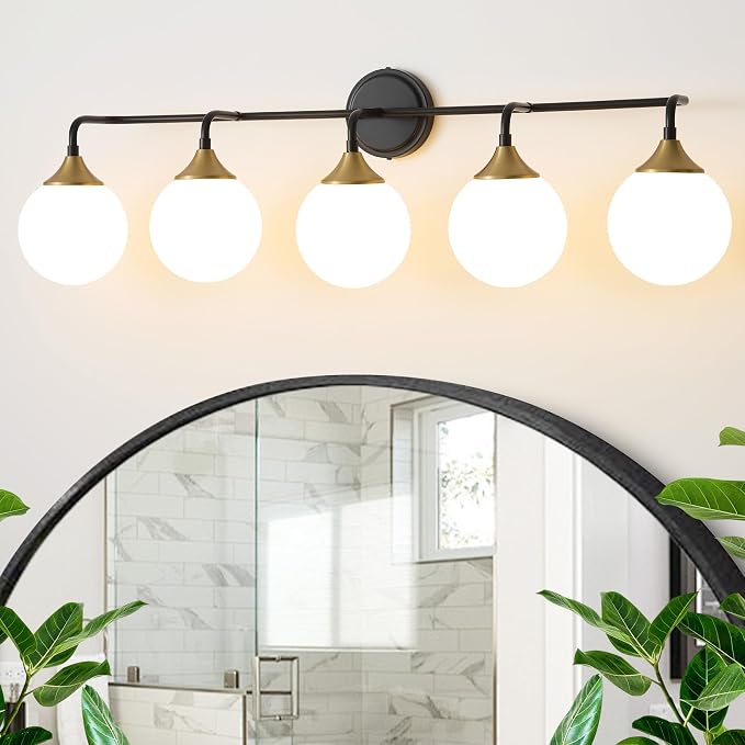 Black Gold Bathroom Light Fixtures Over Mirror Vanity 5-Light | Mid Century Modern Matte Black Gold Wall Sconce with Milky White Glass Ball Shades for for Bathroom Dressing Table Bedroom