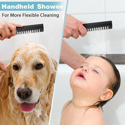 Rainfall Shower System with Handheld Spray and 12" Rain Shower Head, Can Be Use at Same Time, Push Button Multi Shower Head System for 2 People, Matte Black