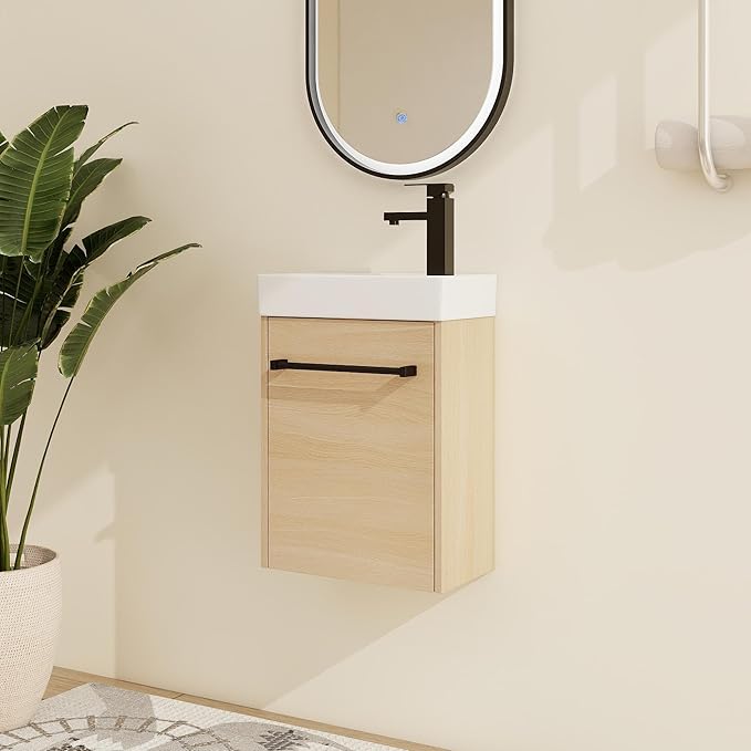 Malwee 16" Floating Bathroom Vanity with Sink, 16 inch Modern Brown Wall Mounted Bathroom Cabinet Combo for Small Space, Narrow Bath Wall-Hung Vanity Set with 1 Ceramic Basin and 1 Door(16cx)
