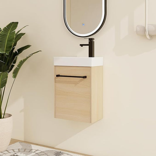 Malwee 16" Floating Bathroom Vanity with Sink, 16 inch Modern Brown Wall Mounted Bathroom Cabinet Combo for Small Space, Narrow Bath Wall-Hung Vanity Set with 1 Ceramic Basin and 1 Door(16cx)