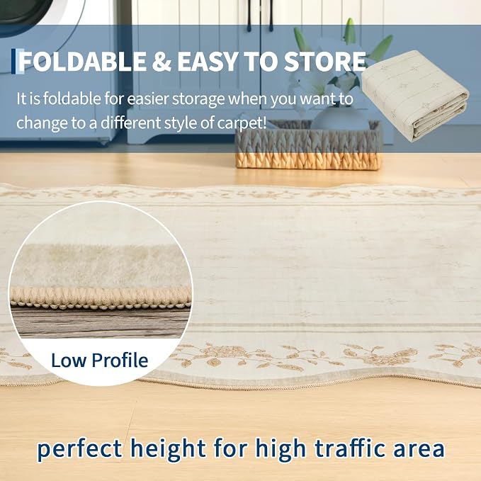 Garvee 2x6 Runner Rug Scalloped Kitchen Runner Rug Entryway Runners Ivory | Washable Non Slip Modern Bordered Foldable Thin Accent Carpet Low Pile Soft Nursery Rugs for Hallway Bathroom Bedside Laundry