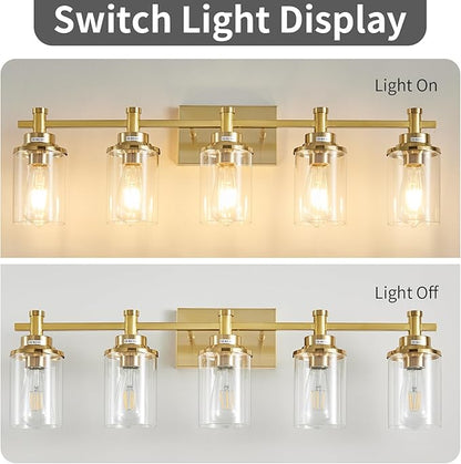 5-Light Modern Vanity Lights Over Mirror, Brushed Brass Bathroom Sconce with Clear Glass Shade