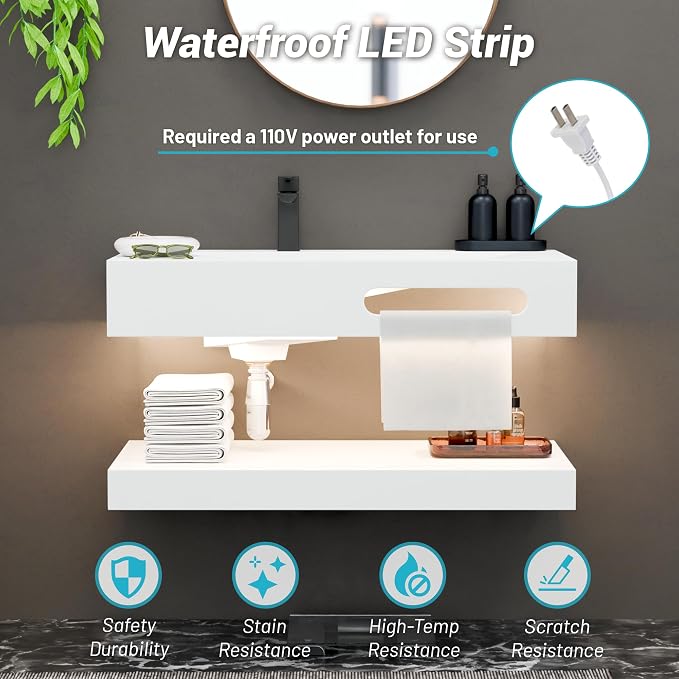 36"x19" Wall Mount Bathroom Vanity with LED Smart Sensor Light, Stone Resin Floating Vanity Sink Rectangular Vessel White Trough Art Basin with Shelf Layer