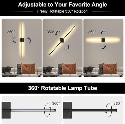 Wall Sconces Set of Two with Remote Control, 39.4 in Dimmable Black Battery Operated Wall Lights, 350° Ratation 3000K-6000K LED Wireless Rechargeable Sconce for Bathroom, Living Room, Bedroom