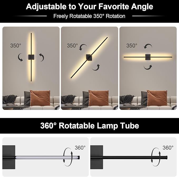 Battery Operated Wall Sconce, 3000K-6000K Dimmable Black Wall Lights with Remote Control, Timable LED Wireless Wall Sconces, 350° Ratate for Bathroom, Living Room, Hallway 39.4 Inch 1 Pack