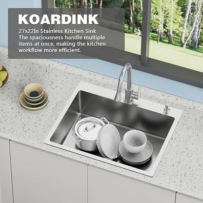 Kitchen And Bar Sink, 27x22 Inch Stainless Steel Drop In Modern Single Bowl Topmount Kitchen And Bar Sink Combo-Silicon Mat,Drain Strainer Set Compatibility With Various Kitchen&Bar Style