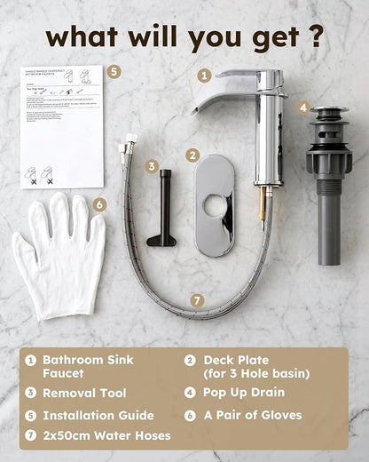 Waterfall Bathroom Faucet Chrome: WOWOW Modern Single Handle Bathroom Faucets for 1 or 3 Hole Bathroom Sink Faucet Mixer Tap Washbasin Faucet with Deck, Pop-up Drain and Supply Hoses