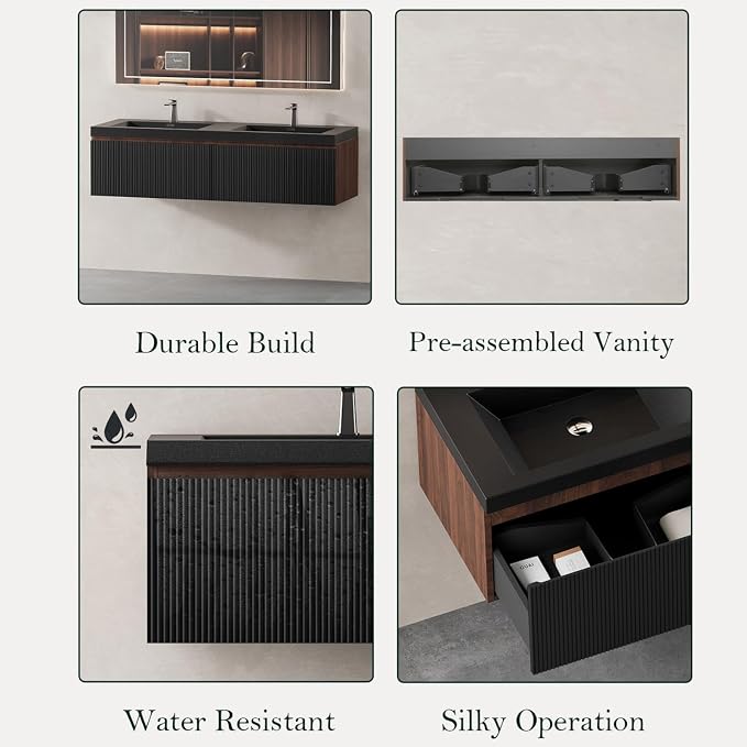 Floating Bathroom Vanity, 72" Wall Mounted Bathroom Cabinet with 2 Matte Black Quartz Sand Sinks & U-Shaped Soft-Close Drawers, Pre-Assembled Striped Storage Vanity for Bathroom, Walnut&Black