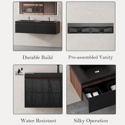 Floating Bathroom Vanity, 72" Wall Mounted Bathroom Cabinet with 2 Matte Black Quartz Sand Sinks & U-Shaped Soft-Close Drawers, Pre-Assembled Striped Storage Vanity for Bathroom, Walnut&Black