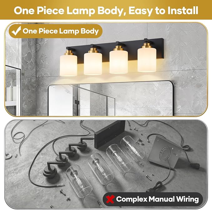 Vanity Lights for Bathroom, 4-Light Black and Gold Bathroom Vanity Light Over Mirror with Milky White Glass Shades, Modern Bathroom Light Fixtures for Living Room Hallway Cabinet (Bulbs Not Included)
