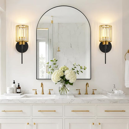 Bathroom Wall Sconces Set of 2, Black & Gold Wall Lights with Clear K9 Crystal Shades, Bathroom Light Fixtures for Bedroom, Living Room, Hallway