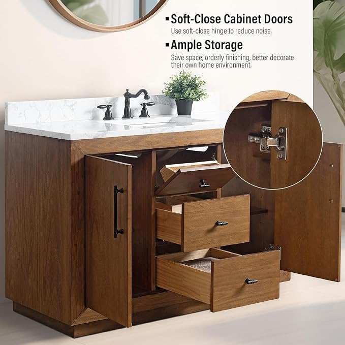 Vanity Art 48 inch Bathroom Vanity with Single Sink, Modern Wood Bath Vanity with Carrara Marble Top, Vanity Cabinet with Doors， Removable Shelf, Solid Wood Frame, Ceramic Sink, Tan, VA7048E