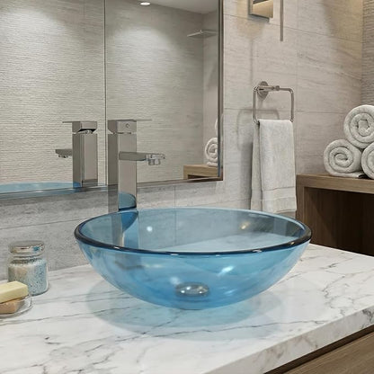 Bathroom Vessel Sink, Tempered Glass Vanity Round Bowl with Chrome Faucet and Pop up drain Set, Blue