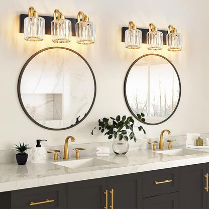Modern Crystal Bathroom Vanity Lights, Black and Gold 3-Lights Bathroom Light Fixtures Over Mirror, Crystal Wall Lighting for for Mirror Bedroom Living Room (Exclude Bulb)