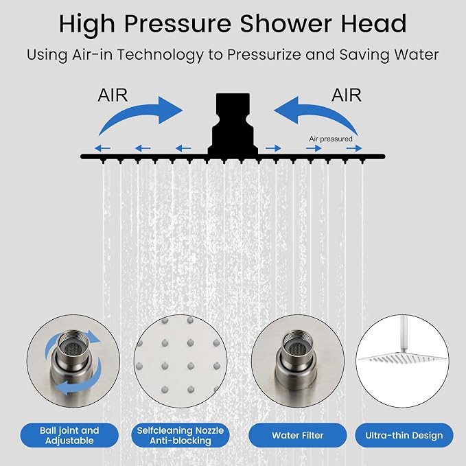 gotonovo Ceiling Shower System with 4pcs Full Body Jets,Brushed Nickel | SUS304 12’’ Rain Shower Head with Handheld Spray,Brass Body Message Jets,Ceiling Mount,Rough-in Valve and Trim Kit,All Metal
