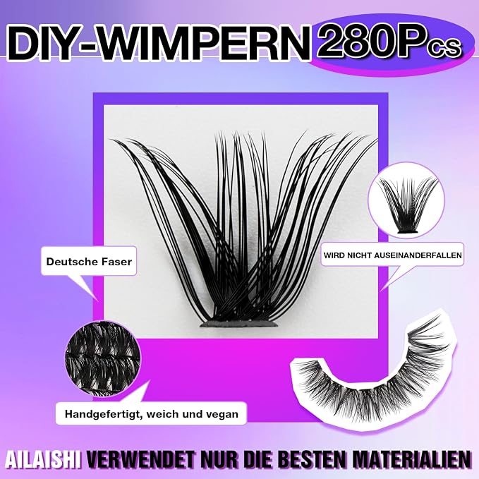 Lash Clusters Kit, DIY Cluster Eyelash Extensions 9‑16mm, 60D+80D+100D, 224pcs Fluffy D Curl Natural Lashes with Bond & Seal,Remover,Tweezers,Brush–Fake Cat Eye Individual Clusters