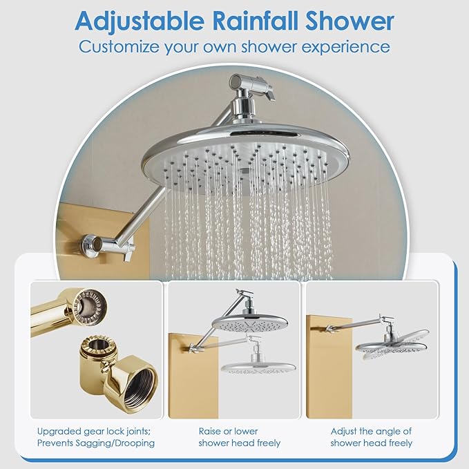 ROVOGO Gold Shower Panel Tower System, 4-Function (Rain Shower, Handheld Sprayer, Body Jets, Tub Spout) with Simultaneous Use Option, Stainless Steel Shower Column with Adjustable Head, 43.3"