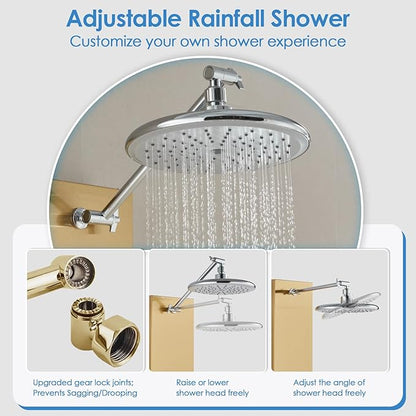 ROVOGO Gold Shower Panel Tower System, 4-Function (Rain Shower, Handheld Sprayer, Body Jets, Tub Spout) with Simultaneous Use Option, Stainless Steel Shower Column with Adjustable Head, 43.3"