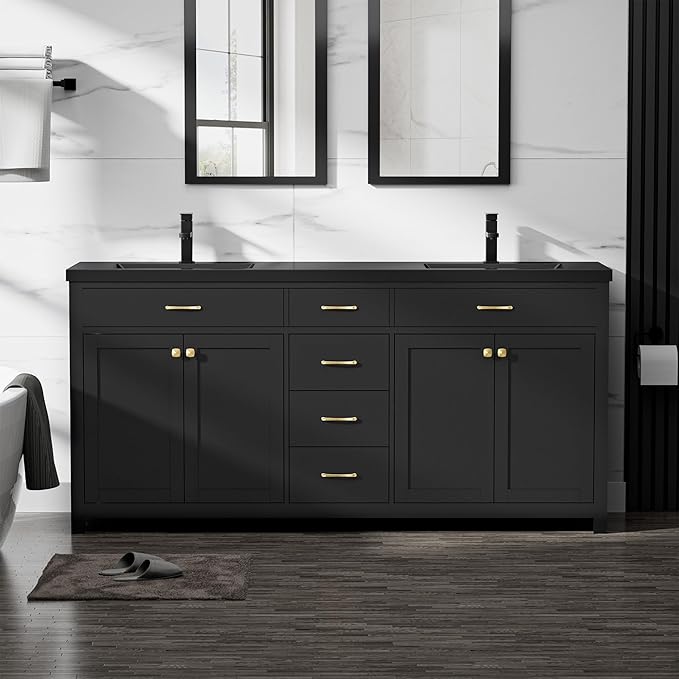 LUCKWIND 72" Bathroom Vanity and Sink Combo, Painted Modern Bathroom Storage Cabinet with Double Large Black Sink, Four Doors and Three Drawers, Include Faucet, Without Mirror, Black