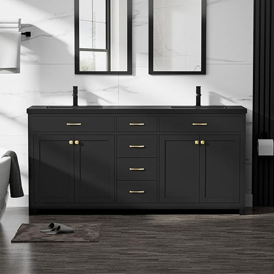 LUCKWIND 72" Bathroom Vanity and Sink Combo, Painted Modern Bathroom Storage Cabinet with Double Large Black Sink, Four Doors and Three Drawers, Include Faucet, Without Mirror, Black