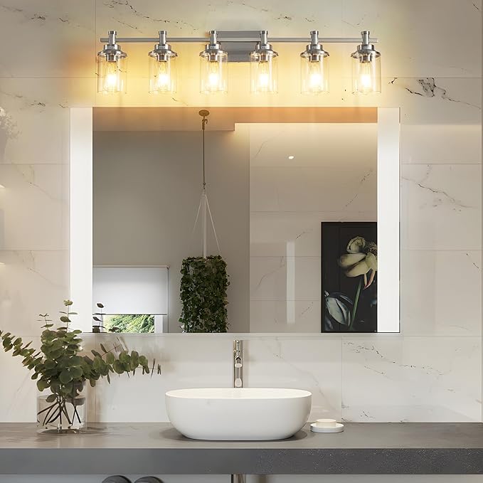 6-Light Bathroom Vanity Light, Brushed Nickel Bathroom Lights Fixtures Over Mirror, Vanity Lights Wall Mount with Clear Glass Shade, Modern Wall Sconce for Bathroom