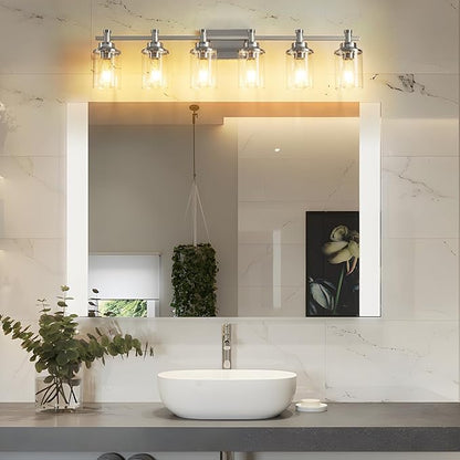 6-Light Bathroom Vanity Light, Brushed Nickel Bathroom Lights Fixtures Over Mirror, Vanity Lights Wall Mount with Clear Glass Shade, Modern Wall Sconce for Bathroom