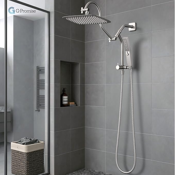 G-Promise All Metal Shower Diverter with Low Handheld Holder (Matte Black) | 10 Inch Downward-Extend Bracket for All Heights, 4 Spray Modes with Pause, Anti-Leak, Easy Install, Universal Replacement