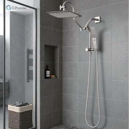 G-Promise All Metal Shower Diverter with Low Handheld Holder (Matte Black) | 10 Inch Downward-Extend Bracket for All Heights, 4 Spray Modes with Pause, Anti-Leak, Easy Install, Universal Replacement