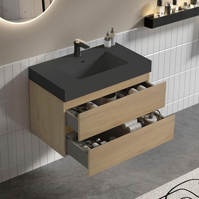 36" Floating Bathroom Vanity with Black Sink, Modern Bathroom Cabinet with Top and Soft Close Drawers, Spacious Storage for Small Space, Natural Oak - Lavanda Collection